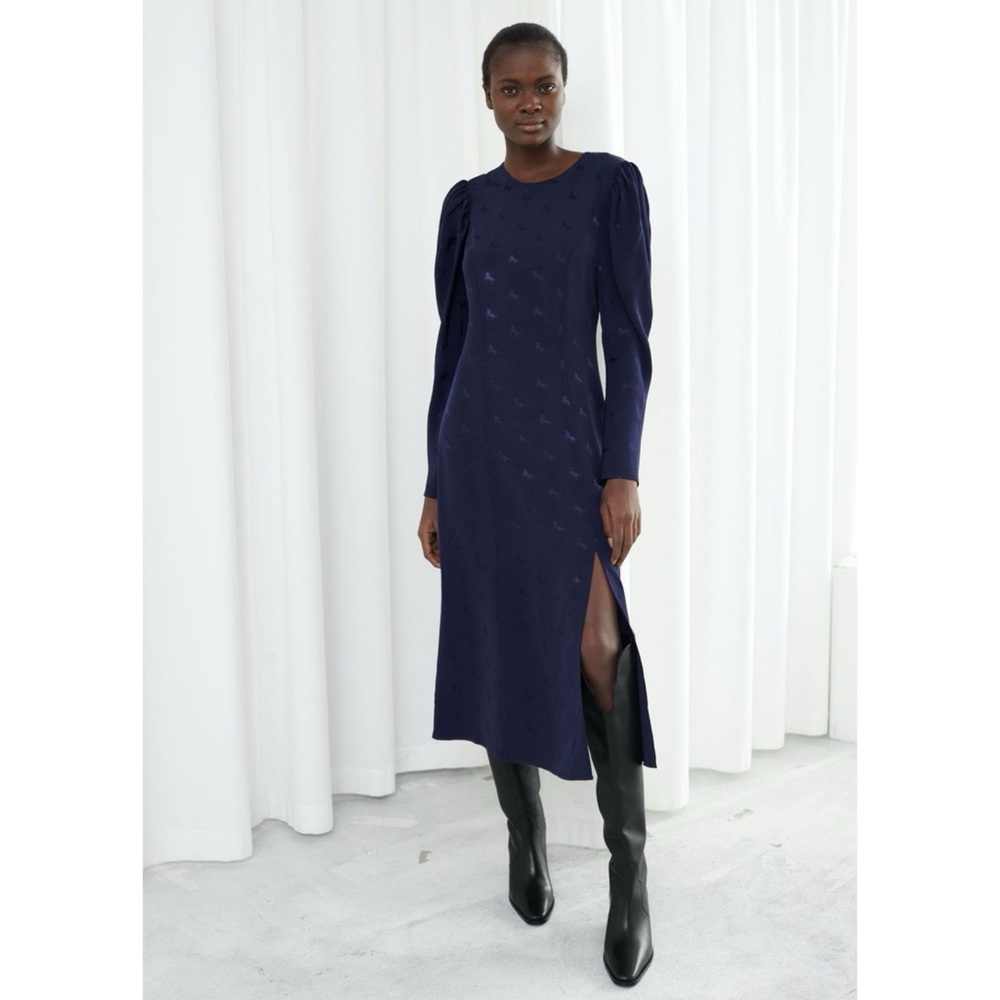 & Other Stories Horse Jacquard Midi Dress Navy 2